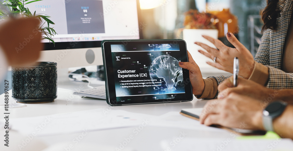 Poster Business people, hands and tablet screen with UI for customer experience, software or user friendly interface. Closeup, web designer or employees with technology display for UX, CX or AI development