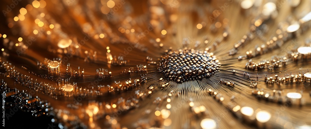 Poster close-up of a textured surface with shimmering details and metallic elements.