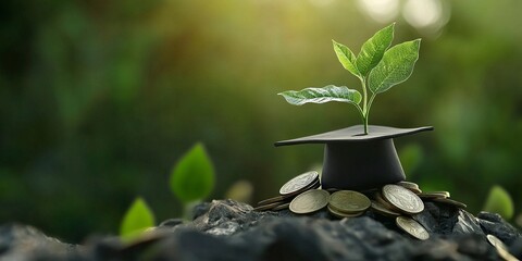 A representation of the value of education, with a plant sprouting from a graduation cap on a pile of coins and books
