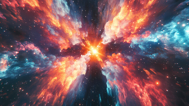 A panoramic view of a luminous quasar emitting radiant energy set against the backdrop of a dark cosmic canvas. Quasar. Illustration