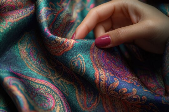 A woman's hand gently caresses luxurious teal paisley patterned silk fabric. - Powered by Adobe