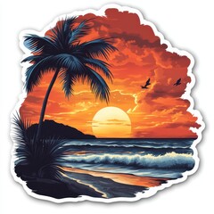 Vibrant sunset over a tropical beach sticker with waves crashing and palm trees swaying in the wind