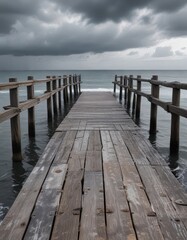 Obraz premium Abandoned wooden pier stands against grey sky and sea, solitary landscape, cloudy sky, beach scene