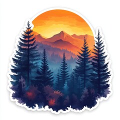 Vibrant sunset sticker capturing the serene beauty of mountains and pine trees in a colorful landscape