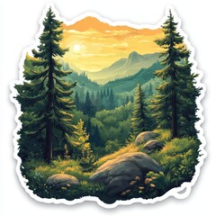 Vibrant forest landscape sticker capturing the essence of a serene sunrise in nature's embrace