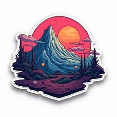Vibrant mountain landscape sticker showcasing a surreal sunset view with colorful skies and serene terrain