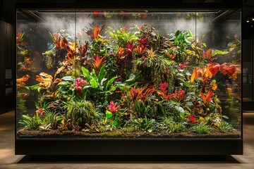 Vibrant green terrarium displaying miniature rainforest ecosystem urban gallery nature exhibit indoor environment artistic viewpoint