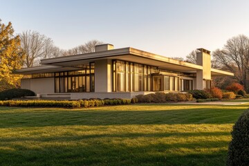 Modern, sleek house with expansive windows basking in golden hour sunlight.