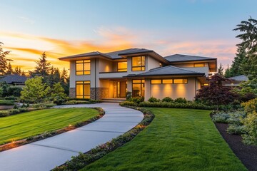 Fototapeta premium Luxurious modern house illuminated at sunset, showcasing its elegant design and landscaping.