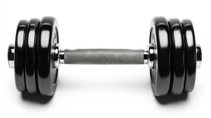 Fototapeta premium Black dumbbell with chrome handle and three plates on each side, isolated on white background.