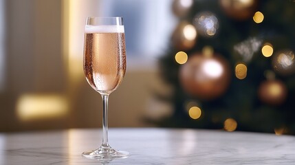 Luxurious Glass of Wine with Condensation on Marble Tabletop and Festive Background