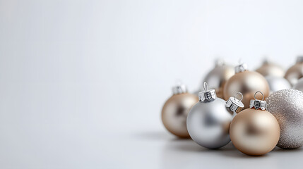 Elegant silver and gold Christmas baubles arranged on a white background. Perfect for holiday cards, websites, or festive designs.  Minimalist and luxurious feel.