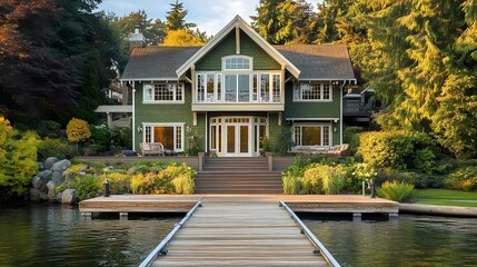 Obraz premium Beautiful lake house with dock, featuring a large wooden deck leading up to the front of a green craftsman-style home with white trimmed windows
