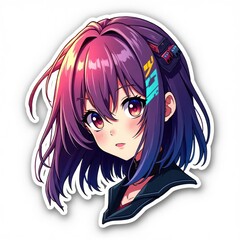 Vibrant sticker showcasing an anime character with colorful hair and expressive eyes with a unique hairstyle and accessories