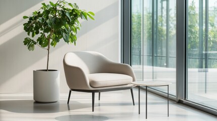 Modern minimalist lounge with clean, stylish design. Featuring sleek lines and neutral tones