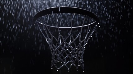 Rainy night basketball hoop with soft light and shadows