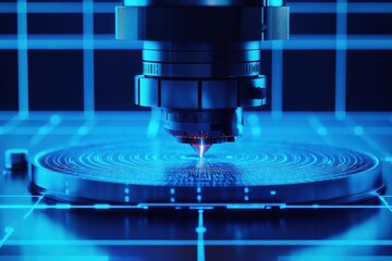 Animation of scope scanning and data processing on grid over blue background.