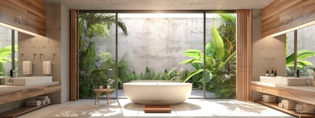 3D rendering of a modern bathroom with a bathtub and wooden table, white wall background, floor to ceiling window with tropical plants outside