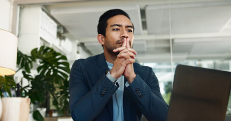 Business, man and thinking with laptop in office for problem solving, financial solution and...