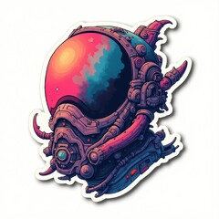 Futuristic alien-inspired helmet sticker featuring vibrant cosmic colors and intricate mechanical designs