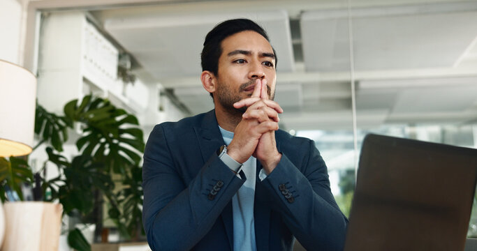Business, man and thinking with laptop in office for problem solving, financial solution and investment decision. Finance firm, auditor and thoughtful at desk for risk management, ideas and planning