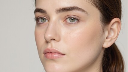 Fototapeta premium Close up of a woman with porcelain skin striking green eyes auburn hair in a sleek ponytail wearing champagne eyeshadow and sheer pink lip gloss