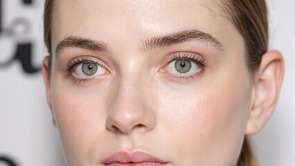 Obraz premium Close up of a woman with porcelain skin striking green eyes auburn hair in a sleek ponytail wearing champagne eyeshadow and sheer pink lip gloss