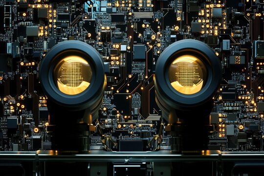 Animation of two scopes scanning and processing data with moving light trails on computer circuit board