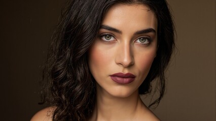 Fototapeta premium Sensual Middle Eastern woman with striking golden makeup crimson lips and elegant dark hair styled in loose curls