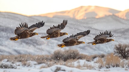 Obraz premium A stunning sequence of bald eagles soaring gracefully above a snowy landscape during golden hour