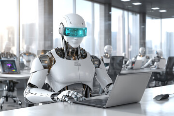 Fototapeta premium Modern robotic workers typing on laptops in a futuristic office environment. 