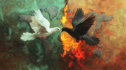 Doves and crows symbolize peace and conflict on a fiery world map