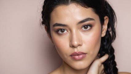 Naklejka premium Beautiful Southeast Asian woman with caramel skin rose gold makeup mauve lipstick side ponytail with braided accents and fluttery lashes
