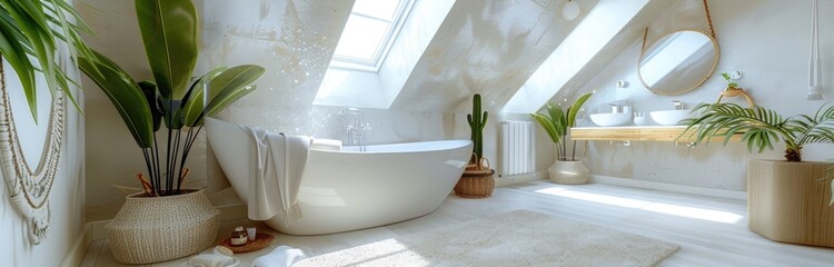 A bright, airy bathroom with an elegant freestanding bathtub and modern white furniture