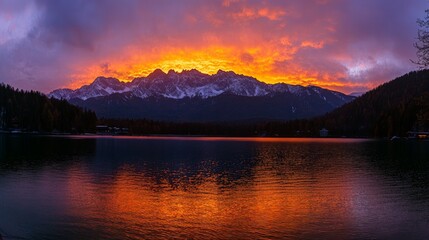 Fototapeta premium Dramatic Sunset Reflection Over Mountain Lake with Colorful Sky