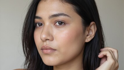 Naklejka premium Portrait of a Southeast Asian woman with stylish makeup and shoulder length dark hair exuding natural beauty and elegance