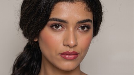 Fototapeta premium South Asian woman with glowing skin pink eyeshadow crimson lipstick and a cascading braid