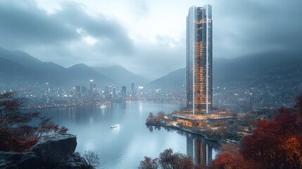 Modern skyscraper by lake, city skyline, autumn.