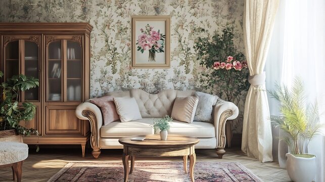 Warm and Inviting Vintage Inspired Living Room with Antique Furnishings and Floral Accents