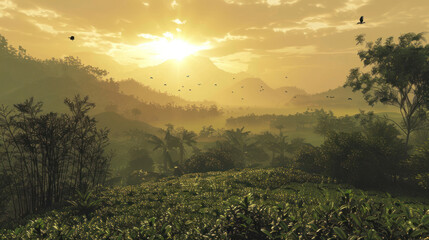 A secluded tea plantation lit by the golden glow of sunrise, with wildlife visible in the distance,