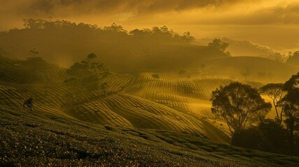Fototapeta premium A secluded tea plantation lit by the golden glow of sunrise, with wildlife visible in the distance,