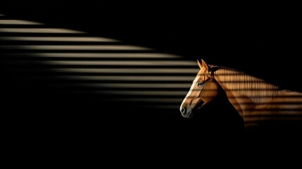   A horse stands in the darkness with its head turned to the side