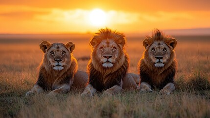Three majestic lions basking in the golden light of sunset on the African savanna, exuding strength and pride