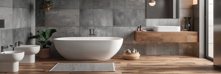 A modern bathroom with an oval freestanding bathtub, white sink and toilet, wooden floor and gray wall tiles