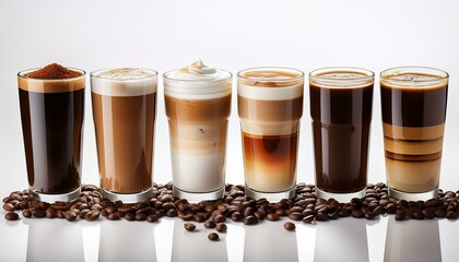 glasses with assorted coffee drinks on white background with coffee beans