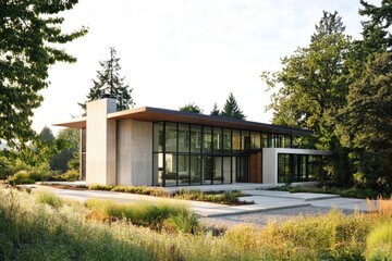 Fototapeta premium Modern concrete house with expansive windows, nestled amidst lush greenery and landscaped pathways.