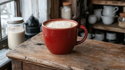 Red mug of coffee with whipped cream on rustic wooden table.