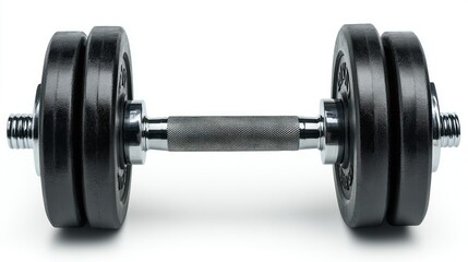 Fototapeta premium Close-up of a black dumbbell with chrome handles isolated on white.