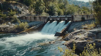 A small hydroelectric dam integrated seamlessly into a scenic river landscape