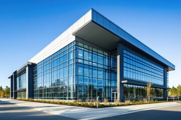 Obraz premium Modern glass office building with a sleek design under a bright blue sky.